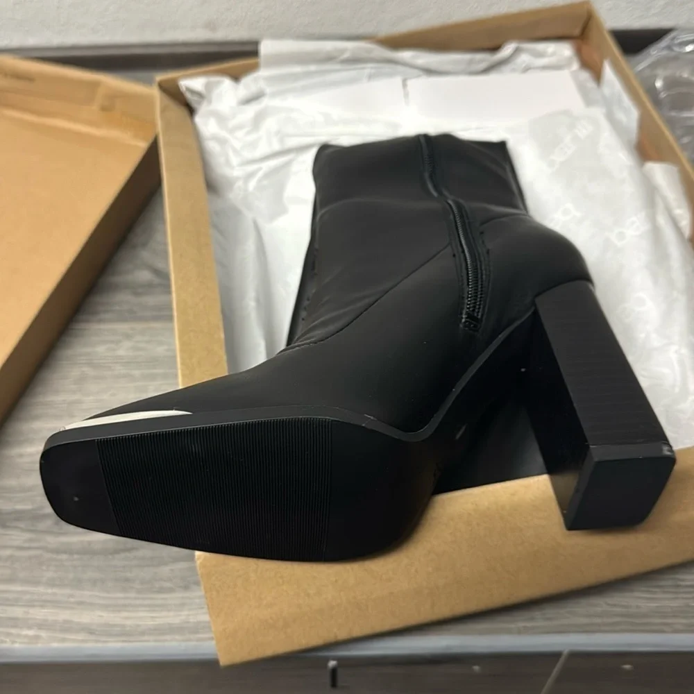 Womens Black Square Toe Block Heel Zip-Up Dress Heeled Boots